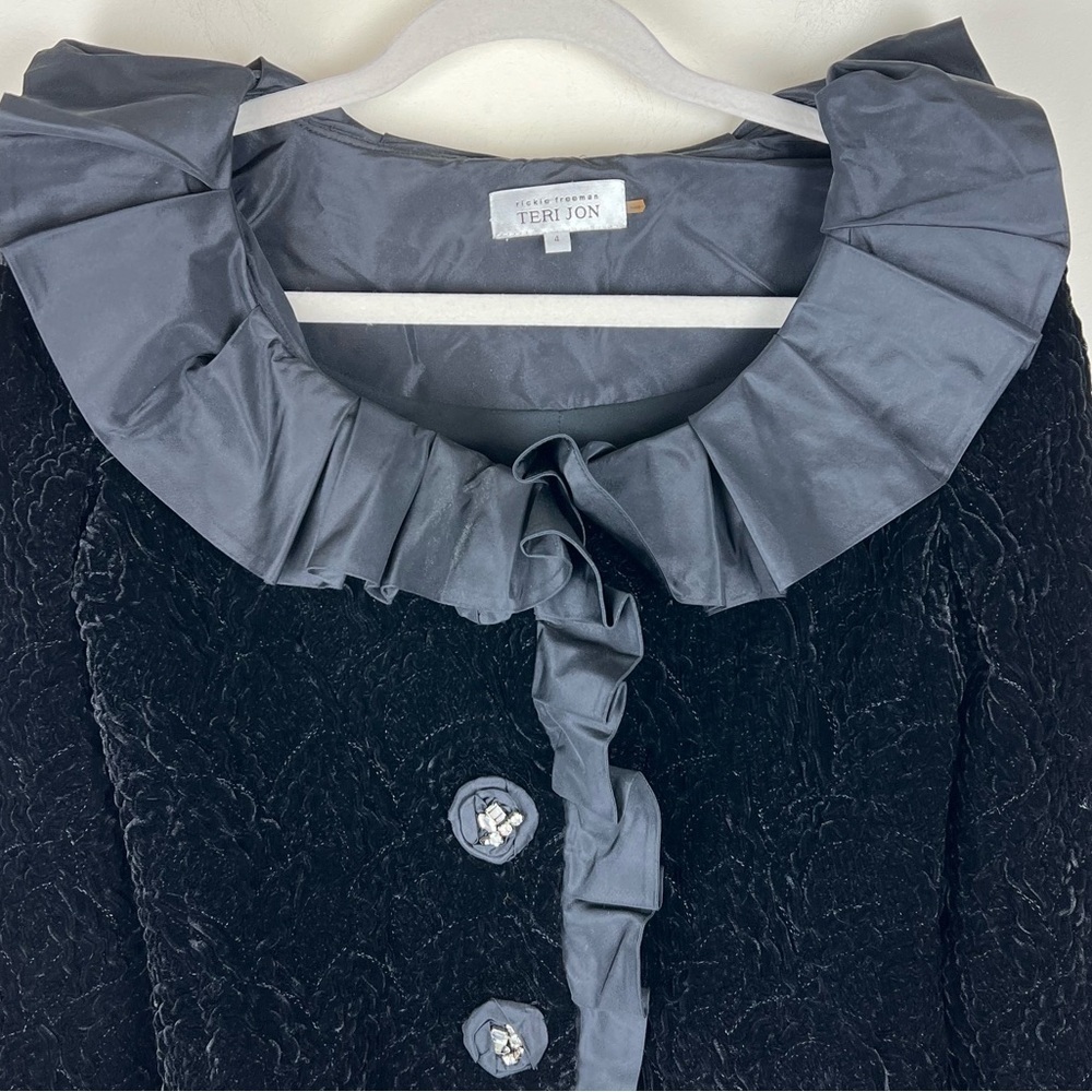 rickie freeman for Teri Jon Festive Quilted Velvet Satin Ruffle Black Top | 4 - Picture 4 of 10